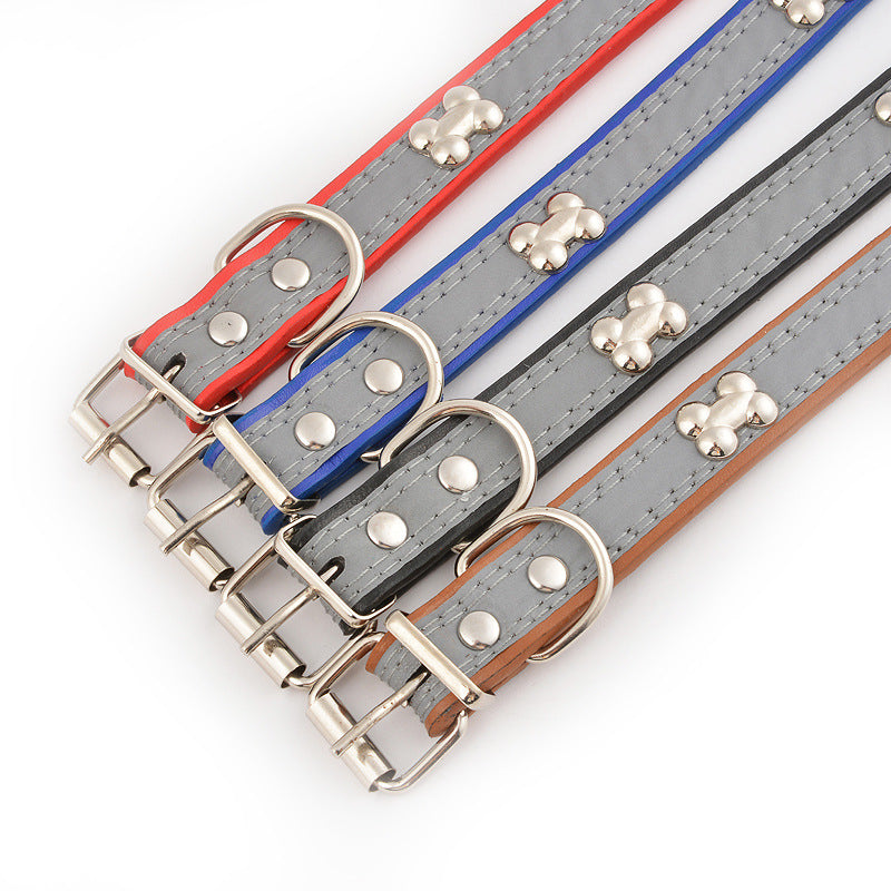 KFX-6706749 Reflective Three Bone Dog Collar Leash in Brown, Blue, Black, and Red - Multiple Sizes Available