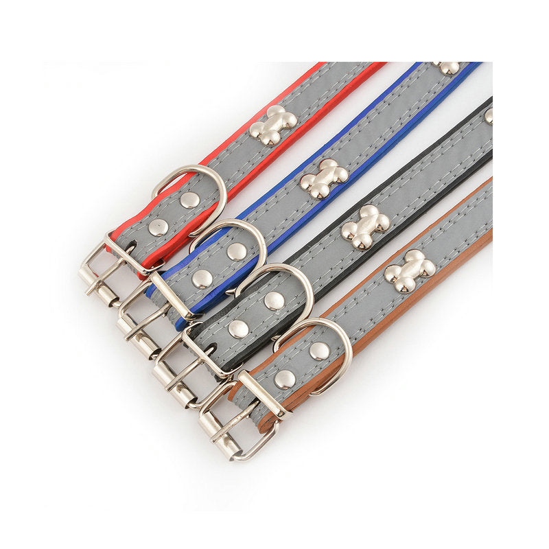 KFX-6706749 Reflective Three Bone Dog Collar Leash in Brown, Blue, Black, and Red - Multiple Sizes Available