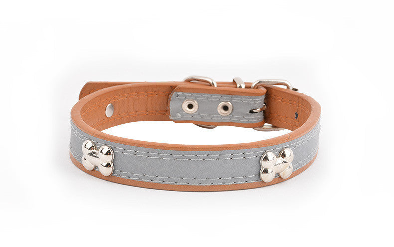 KFX-6706749 Reflective Three Bone Dog Collar Leash in Brown, Blue, Black, and Red - Multiple Sizes Available