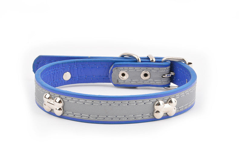 KFX-6706749 Reflective Three Bone Dog Collar Leash in Brown, Blue, Black, and Red - Multiple Sizes Available