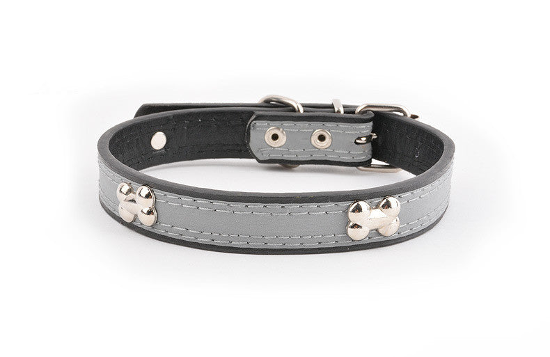 KFX-6706749 Reflective Three Bone Dog Collar Leash in Brown, Blue, Black, and Red - Multiple Sizes Available