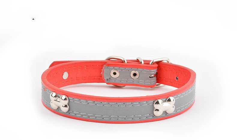 KFX-6706749 Reflective Three Bone Dog Collar Leash in Brown, Blue, Black, and Red - Multiple Sizes Available