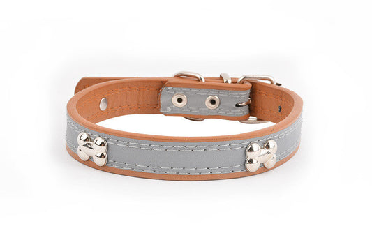 KFX-6706749 Reflective Three Bone Dog Collar Leash in Brown, Blue, Black, and Red - Multiple Sizes Available