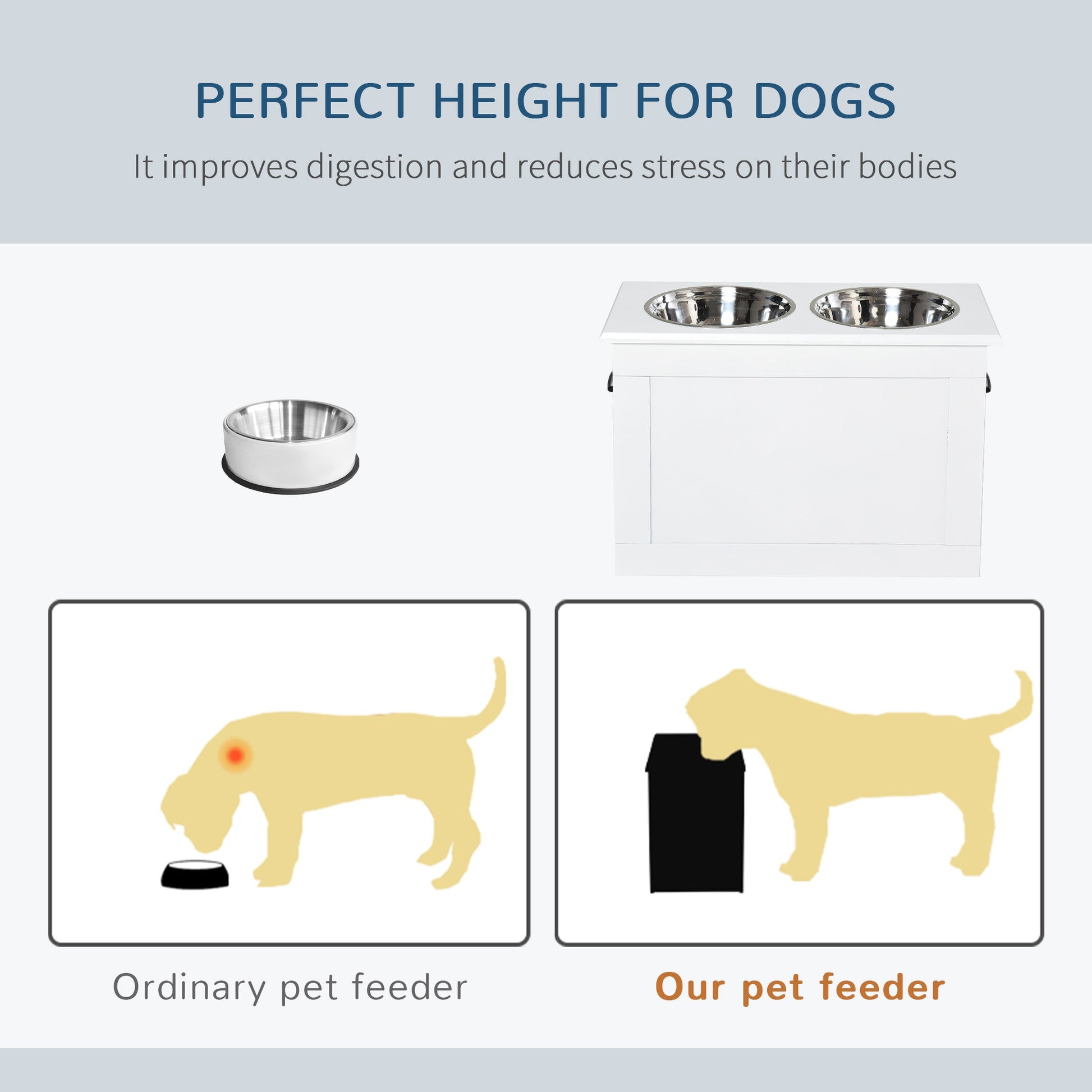 KFX-6707133 Elevated Dog Feeding Station with Stainless Steel Bowls and Storage for Large Pets, White