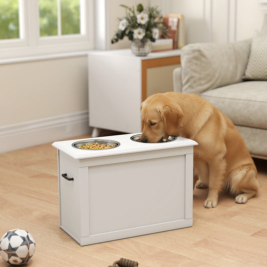 KFX-6707133 Elevated Dog Feeding Station with Stainless Steel Bowls and Storage for Large Pets, White