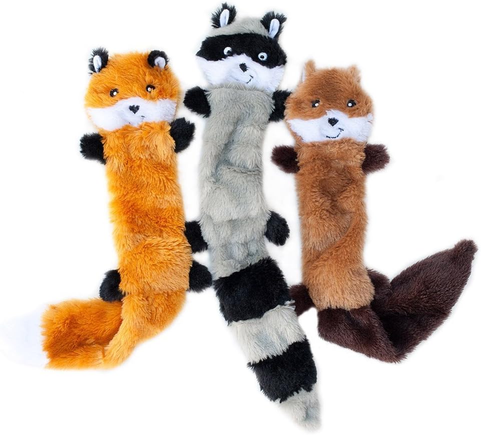 KFX-6708413 Squeaky Unstuffed Plush Dog Toys Set - Fox, Raccoon, and Squirrel for Small & Medium Breeds