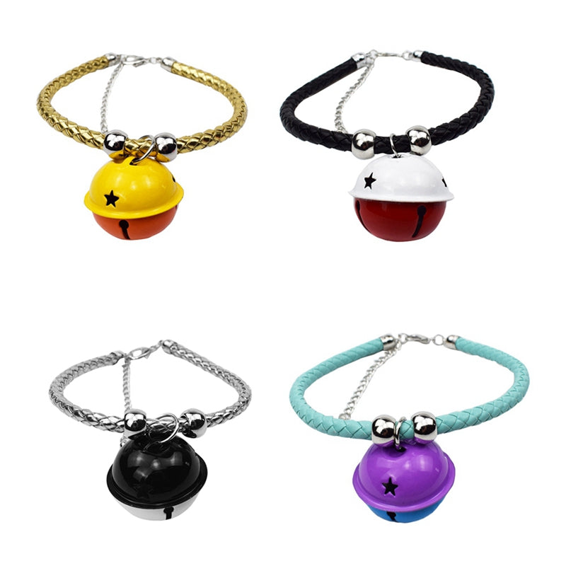 KFX-6708925 Hand Woven Pet Bell Collar in Gold, Blue, Black, and Bright Silver - Adjustable PU with Random Bell Colors