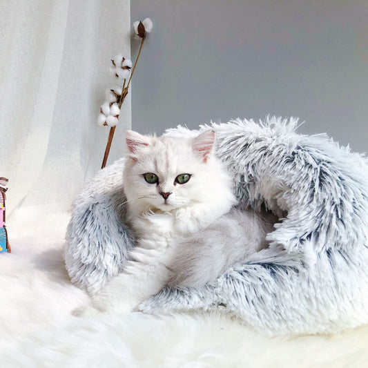 KFX-6710973 Cozy Grey Plush Cat Sleeping Bag Nest with Printed Rabbit Fur Accents