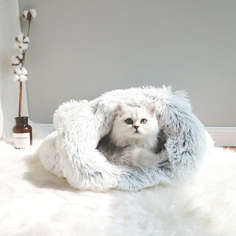 KFX-6710973 Cozy Grey Plush Cat Sleeping Bag Nest with Printed Rabbit Fur Accents