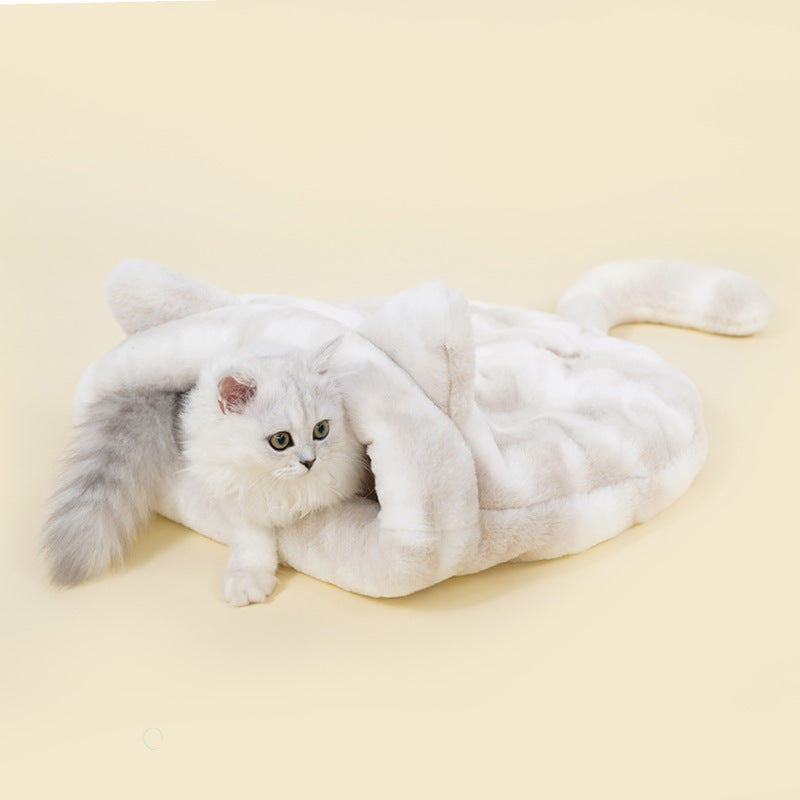 KFX-6710973 Cozy Grey Plush Cat Sleeping Bag Nest with Printed Rabbit Fur Accents