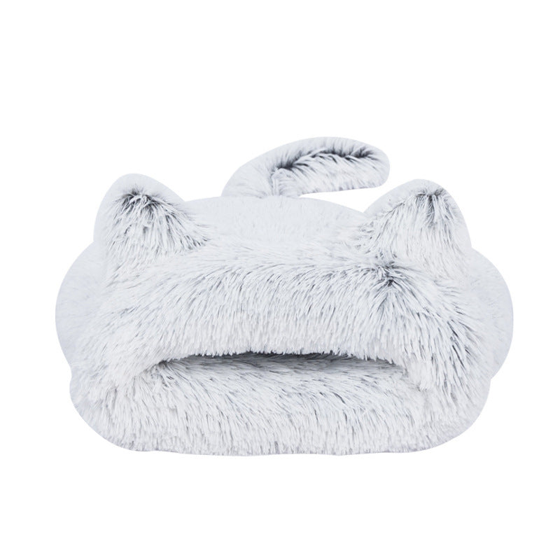 KFX-6710973 Cozy Grey Plush Cat Sleeping Bag Nest with Printed Rabbit Fur Accents