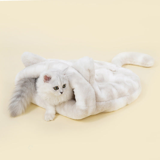 KFX-6710973 Cozy Grey Plush Cat Sleeping Bag Nest with Printed Rabbit Fur Accents
