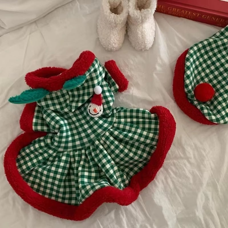KFX-6711485 Fashionable Plaid Dog Hoodies and Christmas Pet Dresses for Winter, Soft Milk Silk Fabric Pullovers with Snowman Pattern, Suitable for Dogs and Cats