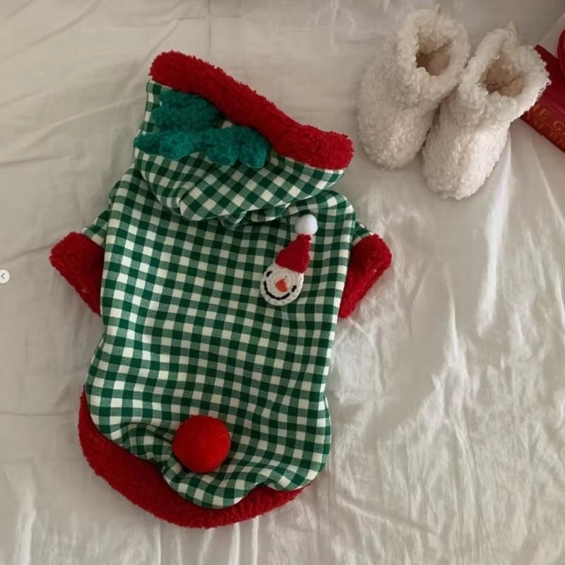 KFX-6711485 Fashionable Plaid Dog Hoodies and Christmas Pet Dresses for Winter, Soft Milk Silk Fabric Pullovers with Snowman Pattern, Suitable for Dogs and Cats