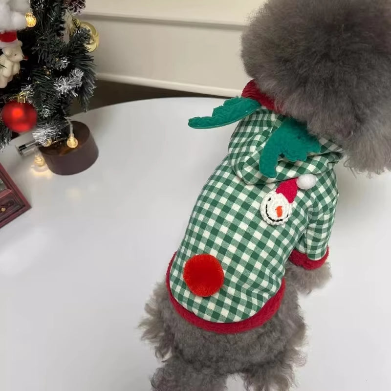 KFX-6711485 Fashionable Plaid Dog Hoodies and Christmas Pet Dresses for Winter, Soft Milk Silk Fabric Pullovers with Snowman Pattern, Suitable for Dogs and Cats