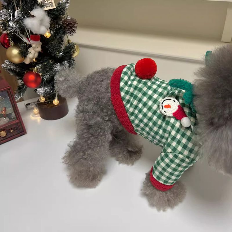 KFX-6711485 Fashionable Plaid Dog Hoodies and Christmas Pet Dresses for Winter, Soft Milk Silk Fabric Pullovers with Snowman Pattern, Suitable for Dogs and Cats