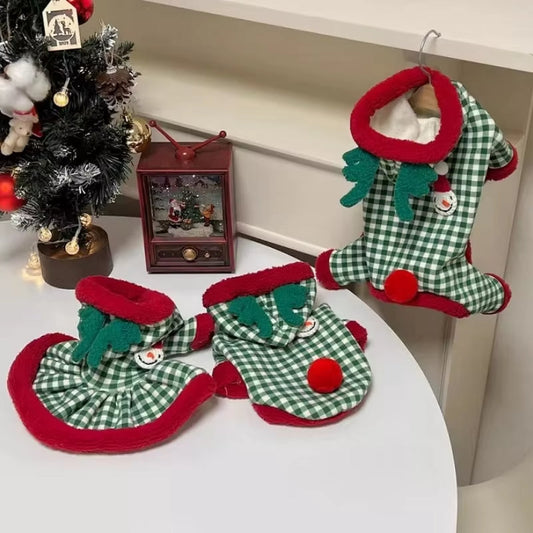 KFX-6711485 Fashionable Plaid Dog Hoodies and Christmas Pet Dresses for Winter, Soft Milk Silk Fabric Pullovers with Snowman Pattern, Suitable for Dogs and Cats