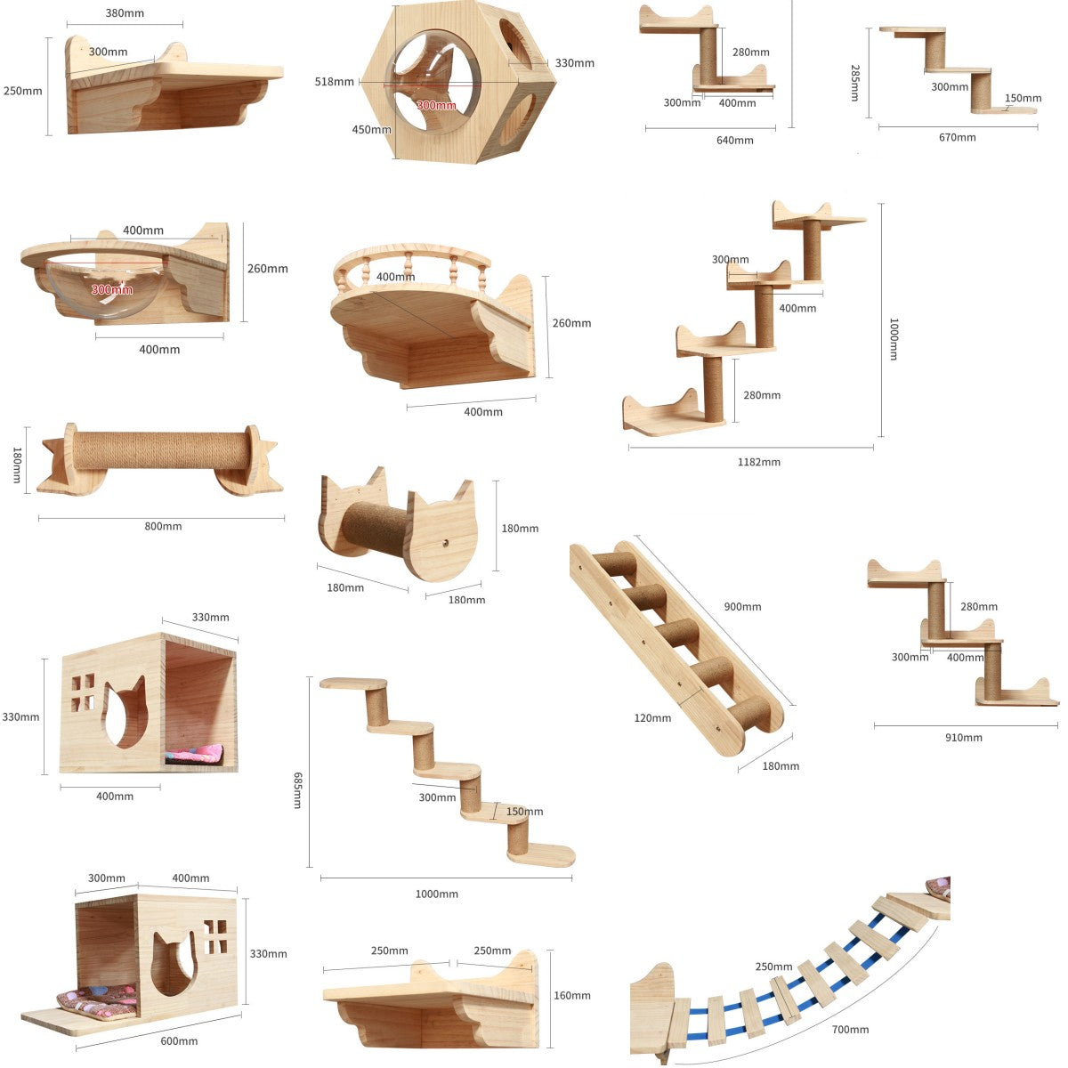 KFX-6721725 Wall-Mounted Solid Wood Cat Climbing Frame with Platforms, Ladders, and Accessories