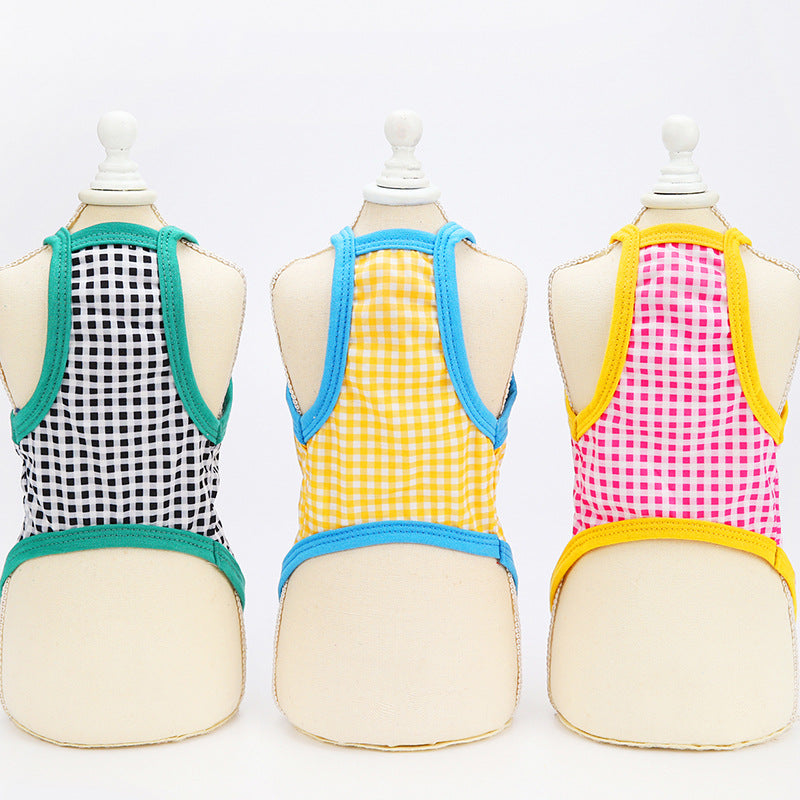 KFX-6726589 Casual Two-Legged Dog Clothes for Spring and Summer in Black, Yellow, and Red Grid Patterns