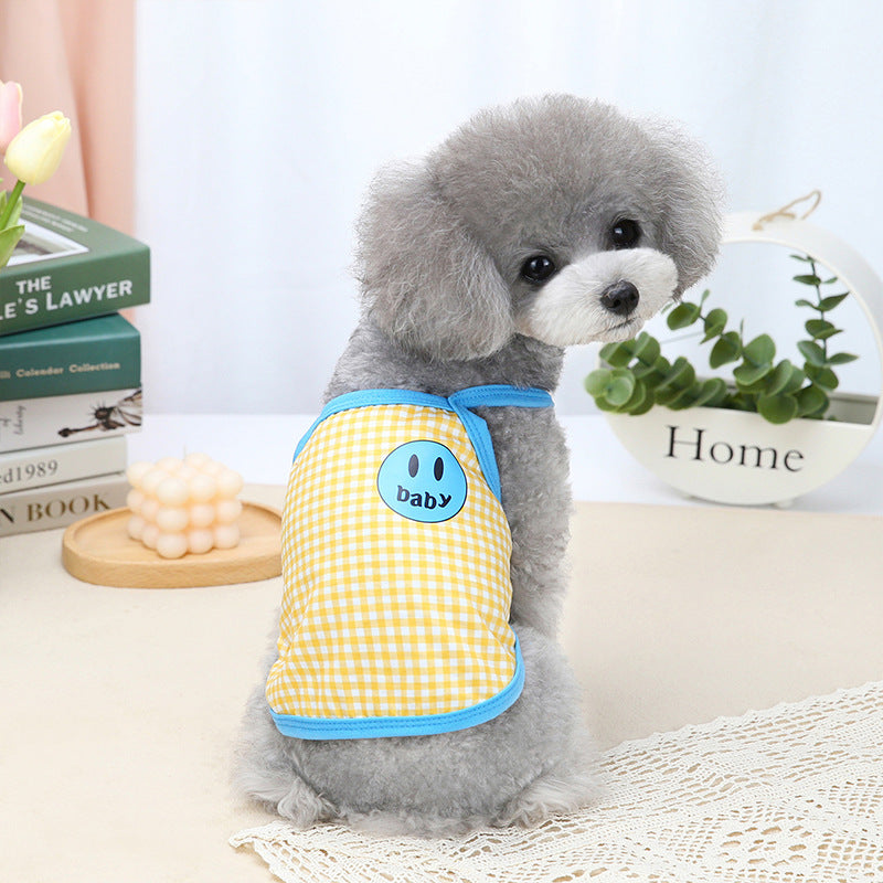 KFX-6726589 Casual Two-Legged Dog Clothes for Spring and Summer in Black, Yellow, and Red Grid Patterns