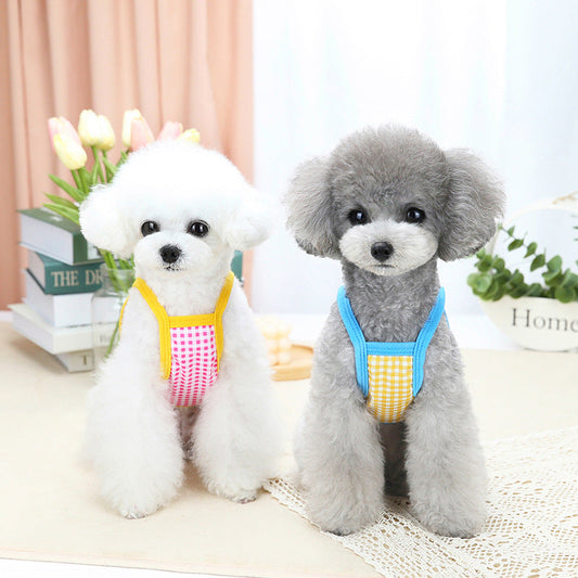 KFX-6726589 Casual Two-Legged Dog Clothes for Spring and Summer in Black, Yellow, and Red Grid Patterns