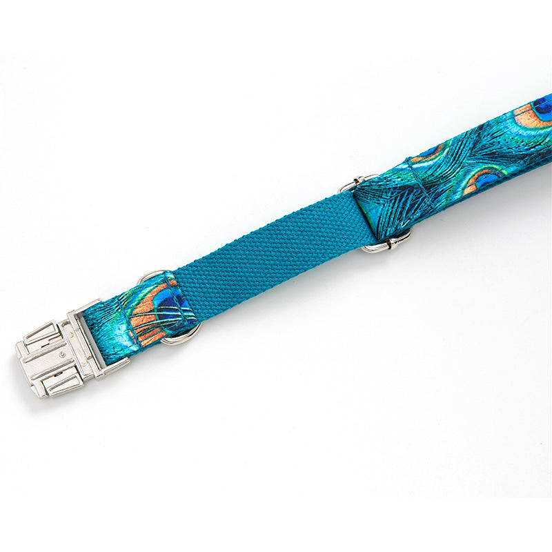 KFX-6730045 Peacock Zinc Alloy Buckle Dog Collar with Towing Rope, Available in XS to XL