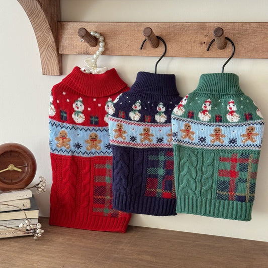 KFX-6731965 Snowman & Gingerbread Man Pet Sweater in Red, Green, Navy Blue - Multiple Sizes Available
