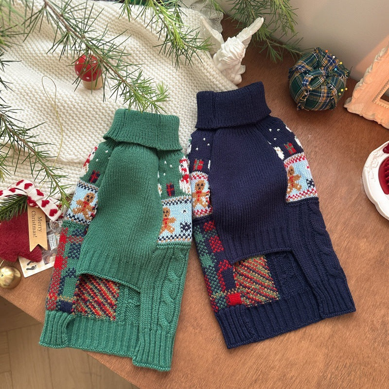 KFX-6731965 Snowman & Gingerbread Man Pet Sweater in Red, Green, Navy Blue - Multiple Sizes Available