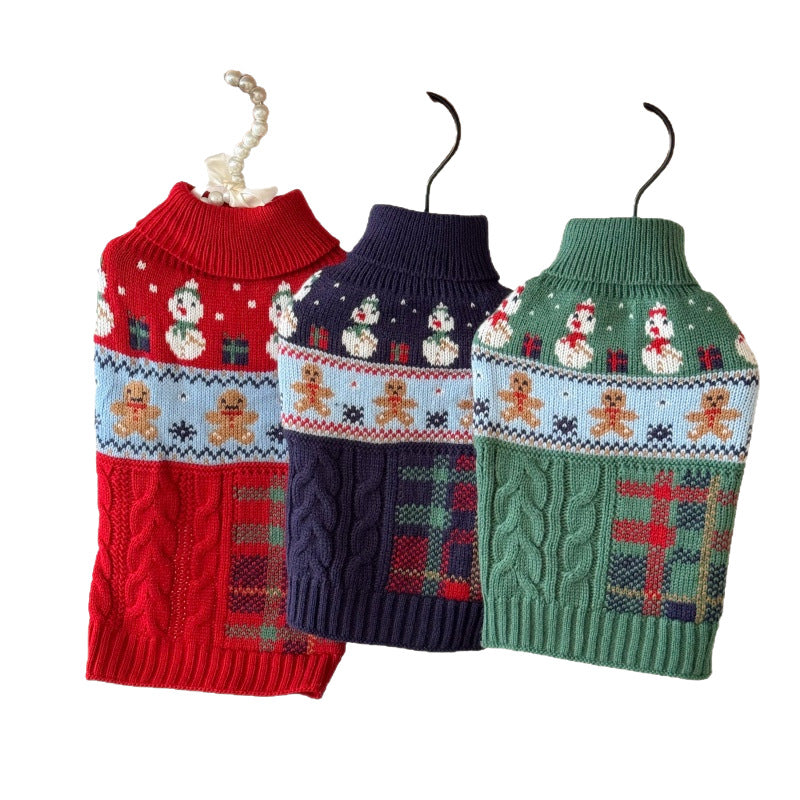 KFX-6731965 Snowman & Gingerbread Man Pet Sweater in Red, Green, Navy Blue - Multiple Sizes Available