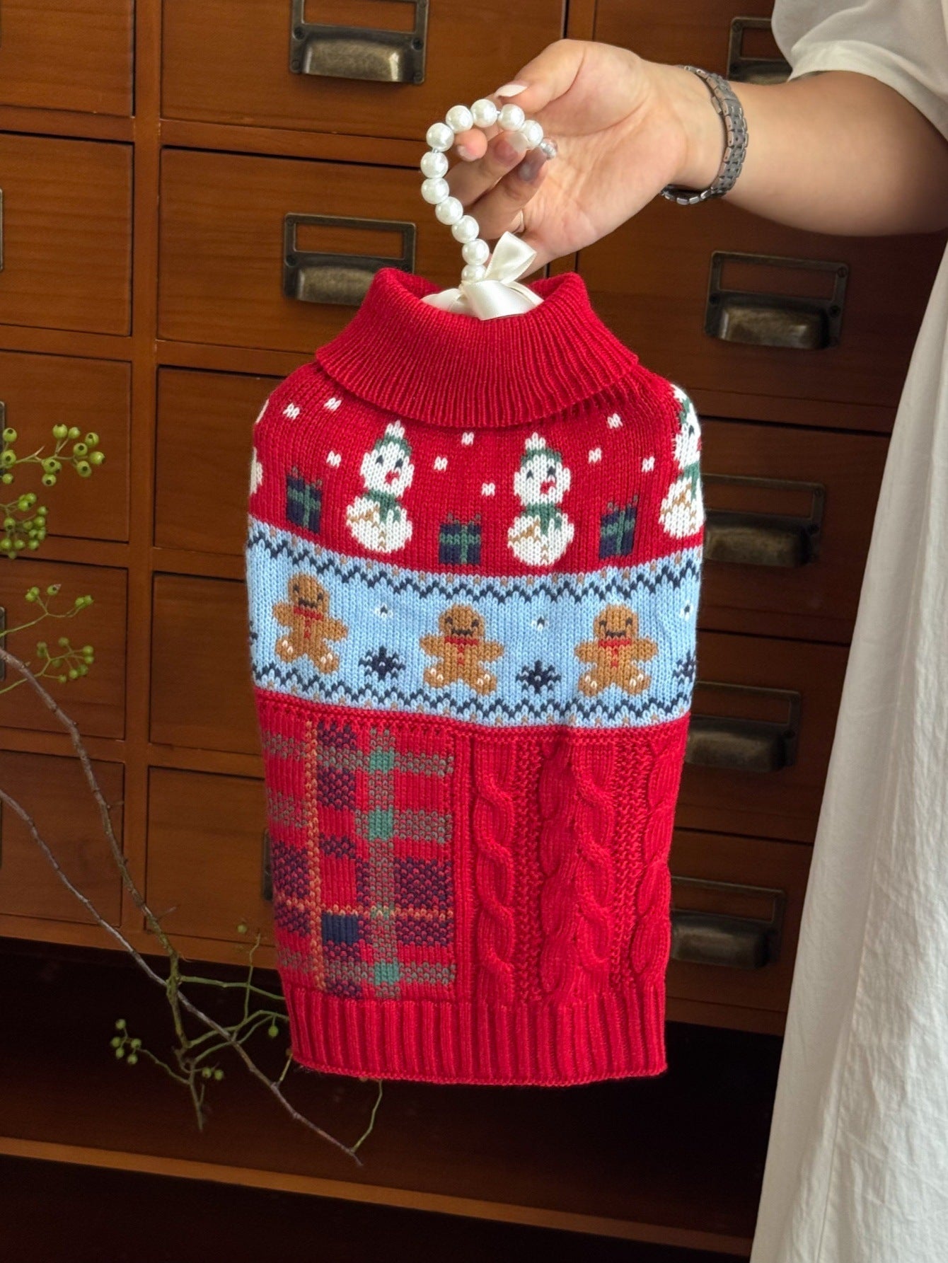 KFX-6731965 Snowman & Gingerbread Man Pet Sweater in Red, Green, Navy Blue - Multiple Sizes Available
