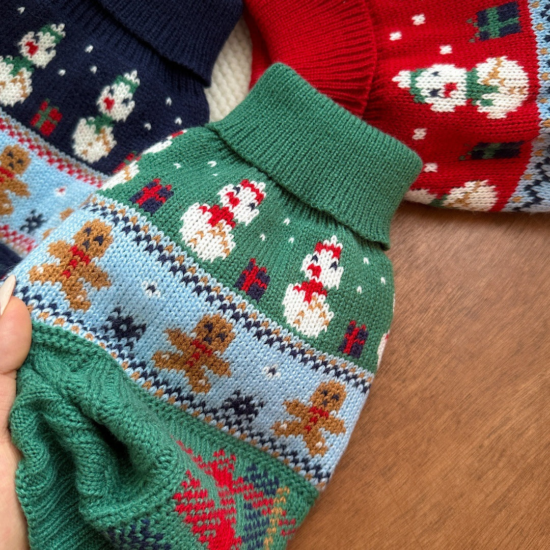 KFX-6731965 Snowman & Gingerbread Man Pet Sweater in Red, Green, Navy Blue - Multiple Sizes Available