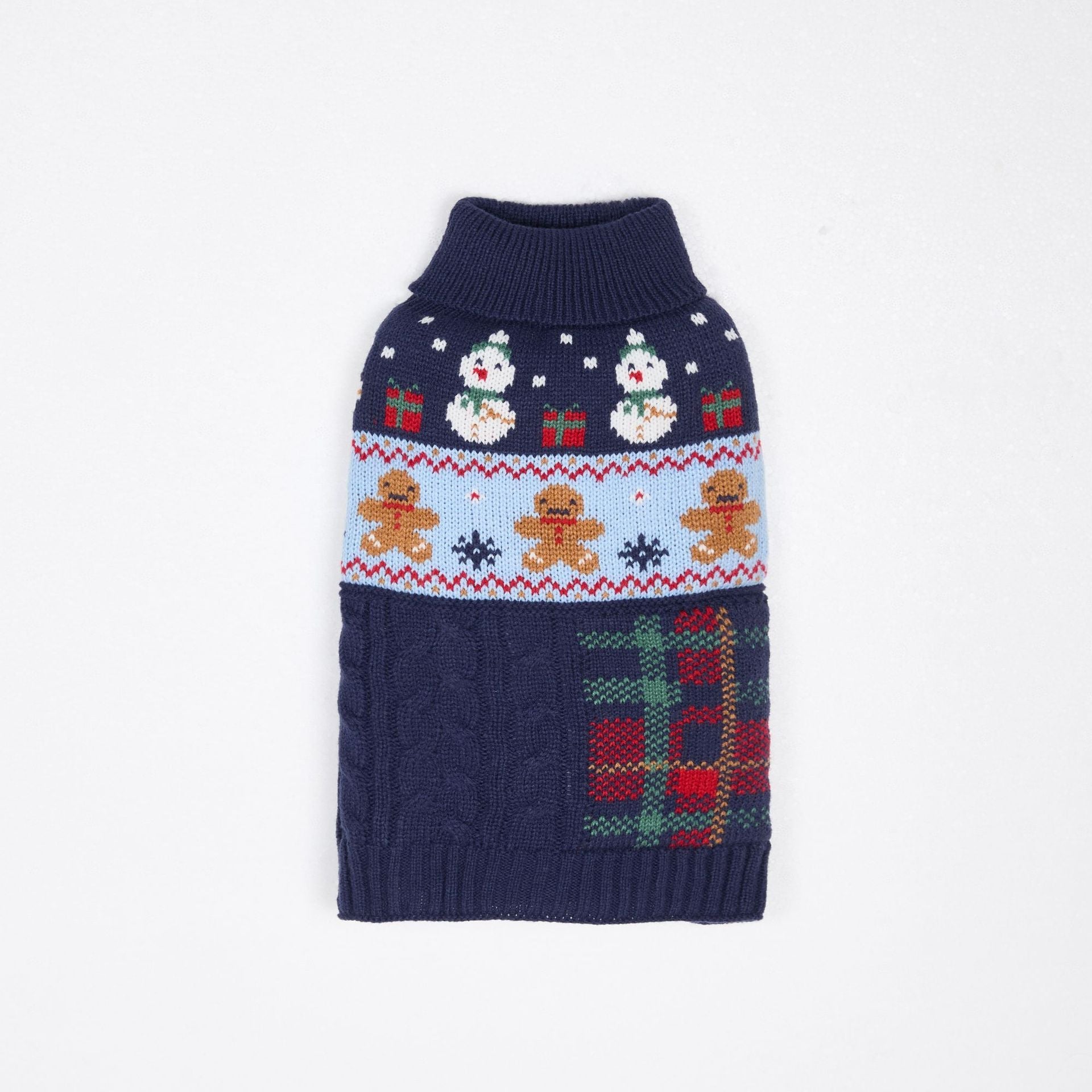KFX-6731965 Snowman & Gingerbread Man Pet Sweater in Red, Green, Navy Blue - Multiple Sizes Available