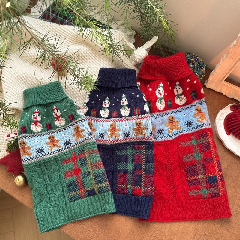 KFX-6731965 Snowman & Gingerbread Man Pet Sweater in Red, Green, Navy Blue - Multiple Sizes Available