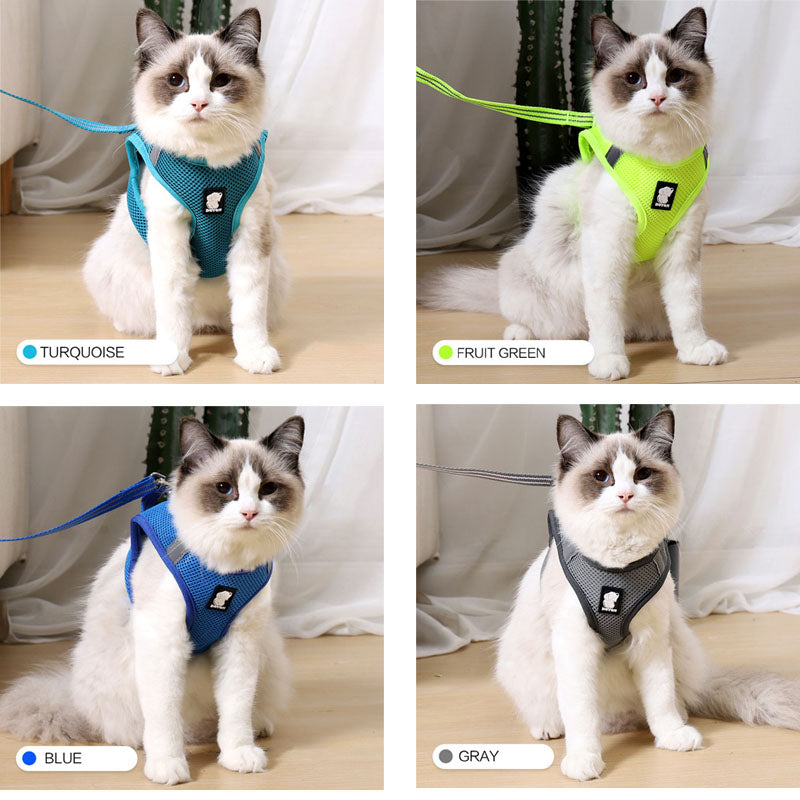 KFX-6733245 Comfortable Anti-Strike Cat Harness for Easy Outdoor Walks - Available in Blue, Turquoise Green, Silver Gray, and Fruit Green