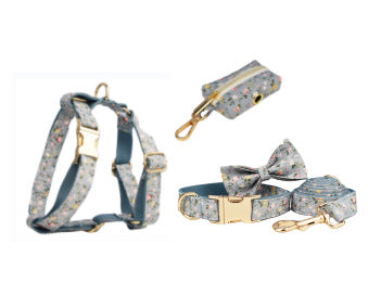 KFX-6733757 Blue Floral Dog Collar and Leash Set with Bow and Accessories for Pet Accessories