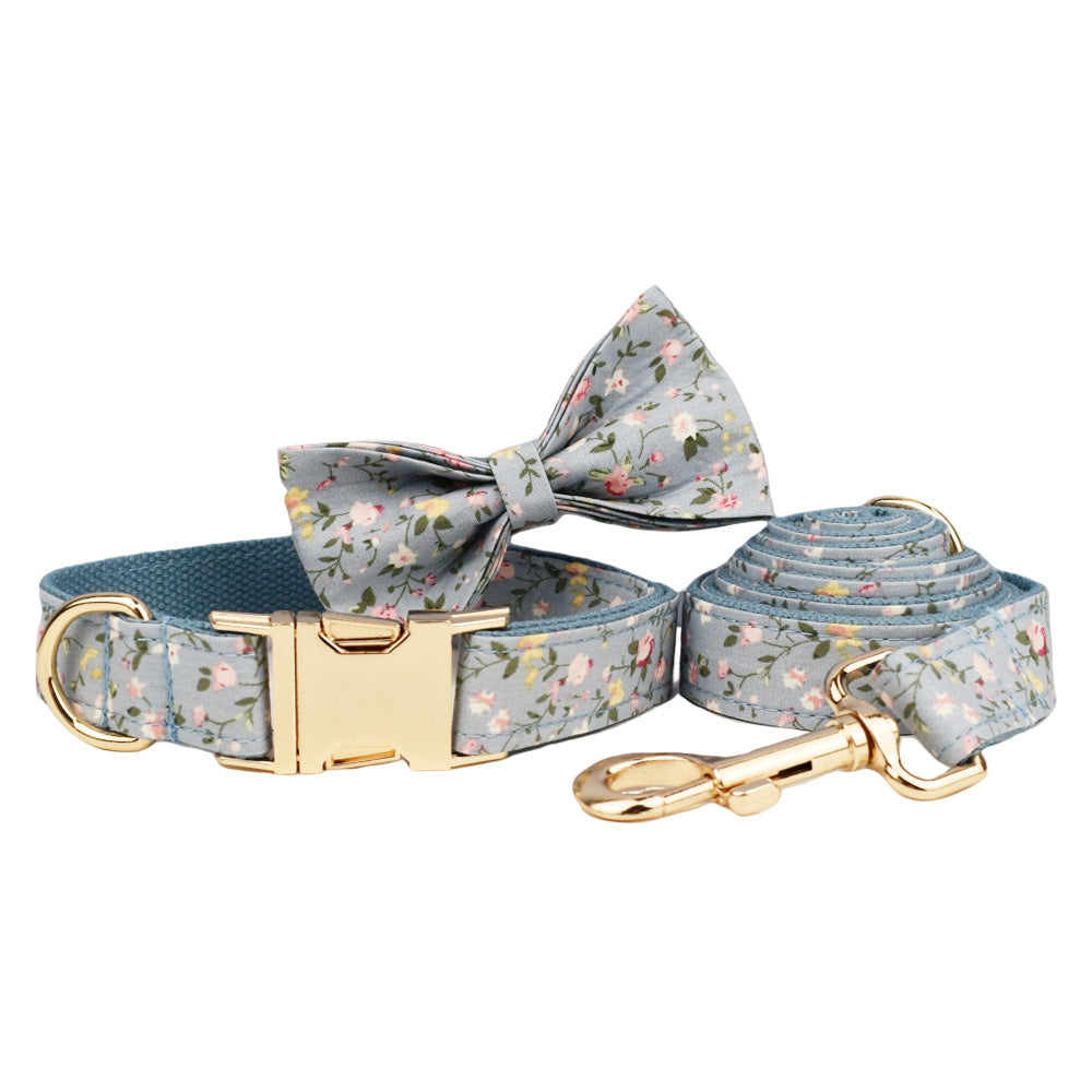 KFX-6733757 Blue Floral Dog Collar and Leash Set with Bow and Accessories for Pet Accessories