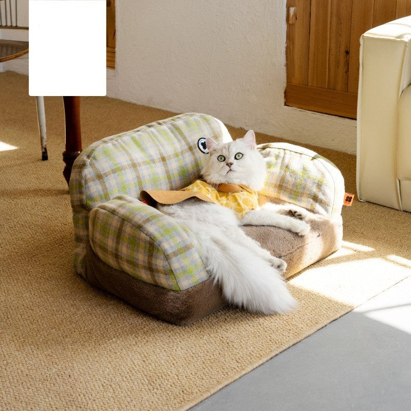 KFX-6743741 Cozy Winter Cat Bed with Removable Cover – Autumn Yellow & Retro Green Pet Sofa