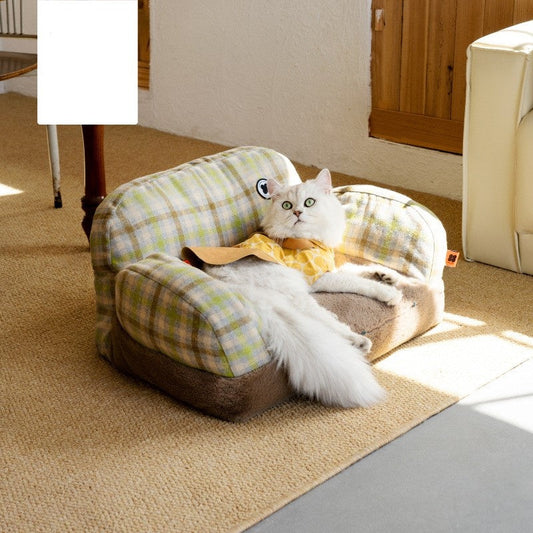 KFX-6743741 Cozy Winter Cat Bed with Removable Cover – Autumn Yellow & Retro Green Pet Sofa