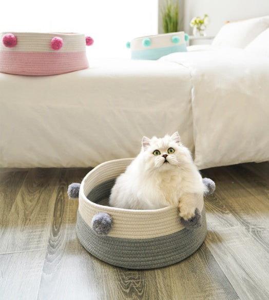 KFX-6749501 Eco-Friendly Cotton Cat Basket with Cashmere Pompons – 40CM Diameter Pet Bed