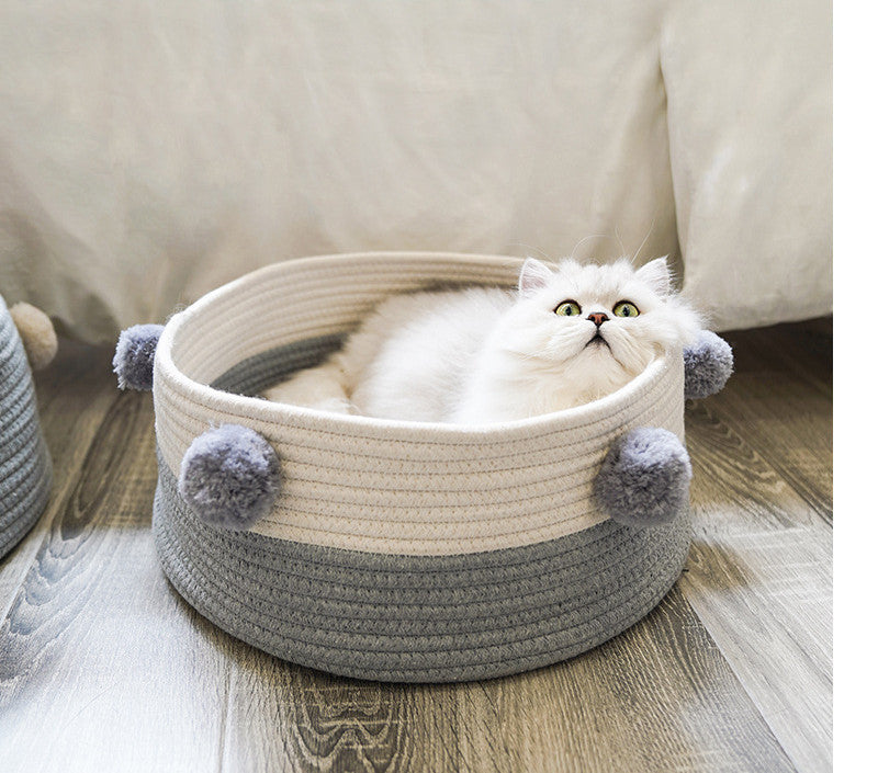 KFX-6749501 Eco-Friendly Cotton Cat Basket with Cashmere Pompons – 40CM Diameter Pet Bed