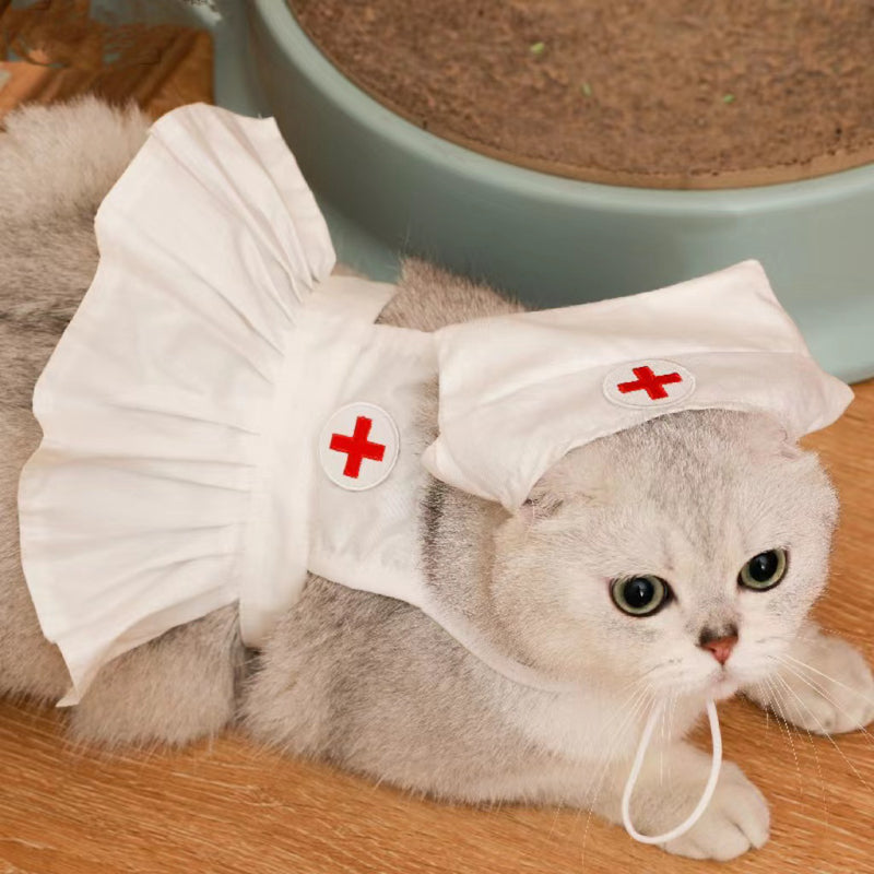 KFX-6752829 Stylish Personalized White Dress Set with Hat for Cats, Available in S and M Sizes
