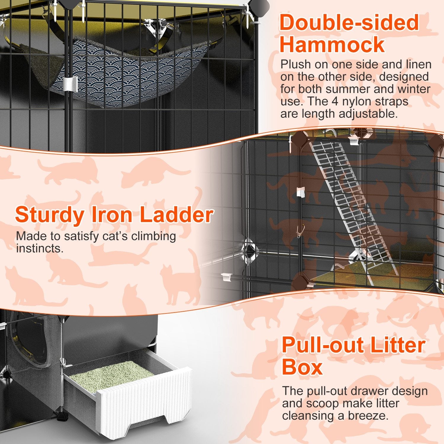 KFX-6754877 3-Tier Indoor Cat Cage with Litter Box, Hammock, and Ladder for Kittens