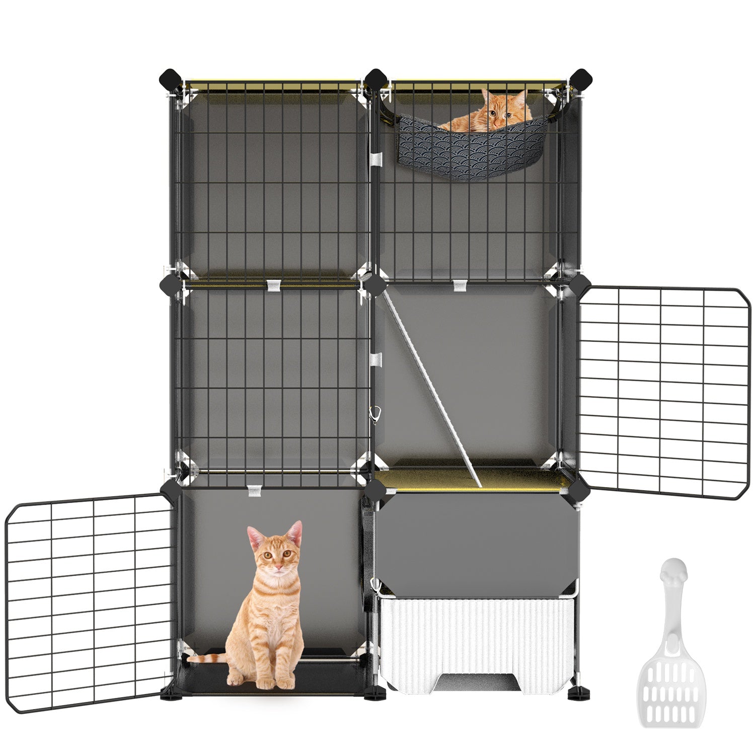 KFX-6754877 3-Tier Indoor Cat Cage with Litter Box, Hammock, and Ladder for Kittens