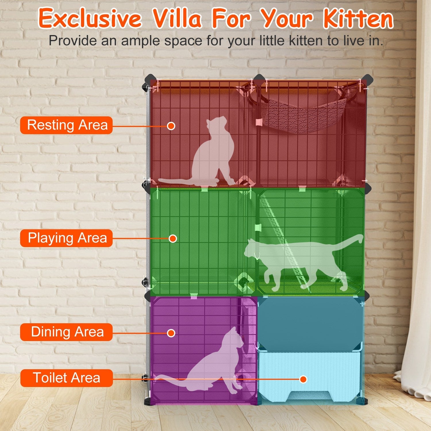 KFX-6754877 3-Tier Indoor Cat Cage with Litter Box, Hammock, and Ladder for Kittens