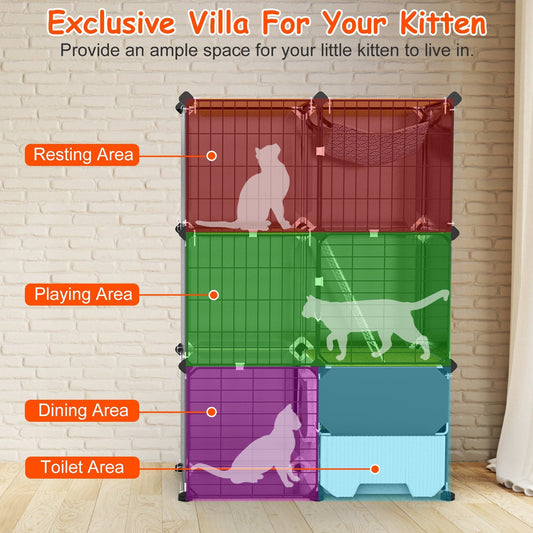 KFX-6754877 3-Tier Indoor Cat Cage with Litter Box, Hammock, and Ladder for Kittens