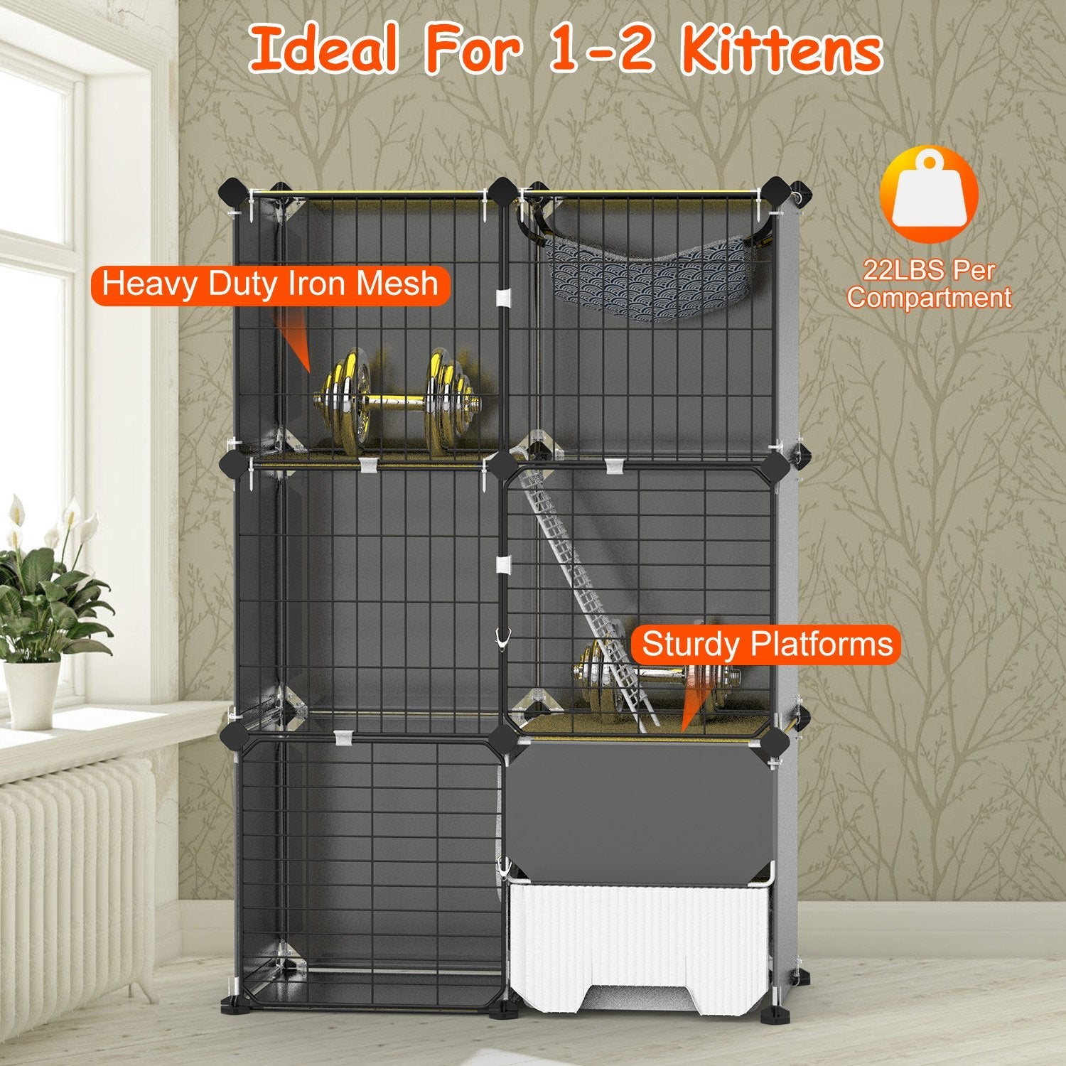 KFX-6754877 3-Tier Indoor Cat Cage with Litter Box, Hammock, and Ladder for Kittens