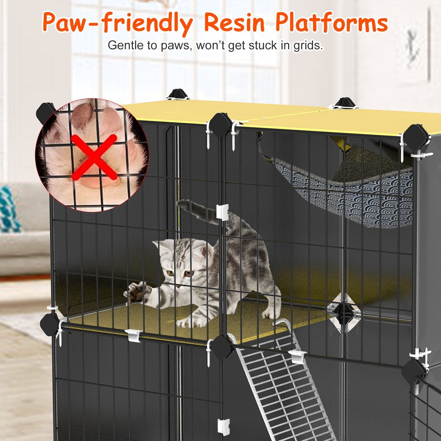 KFX-6754877 3-Tier Indoor Cat Cage with Litter Box, Hammock, and Ladder for Kittens
