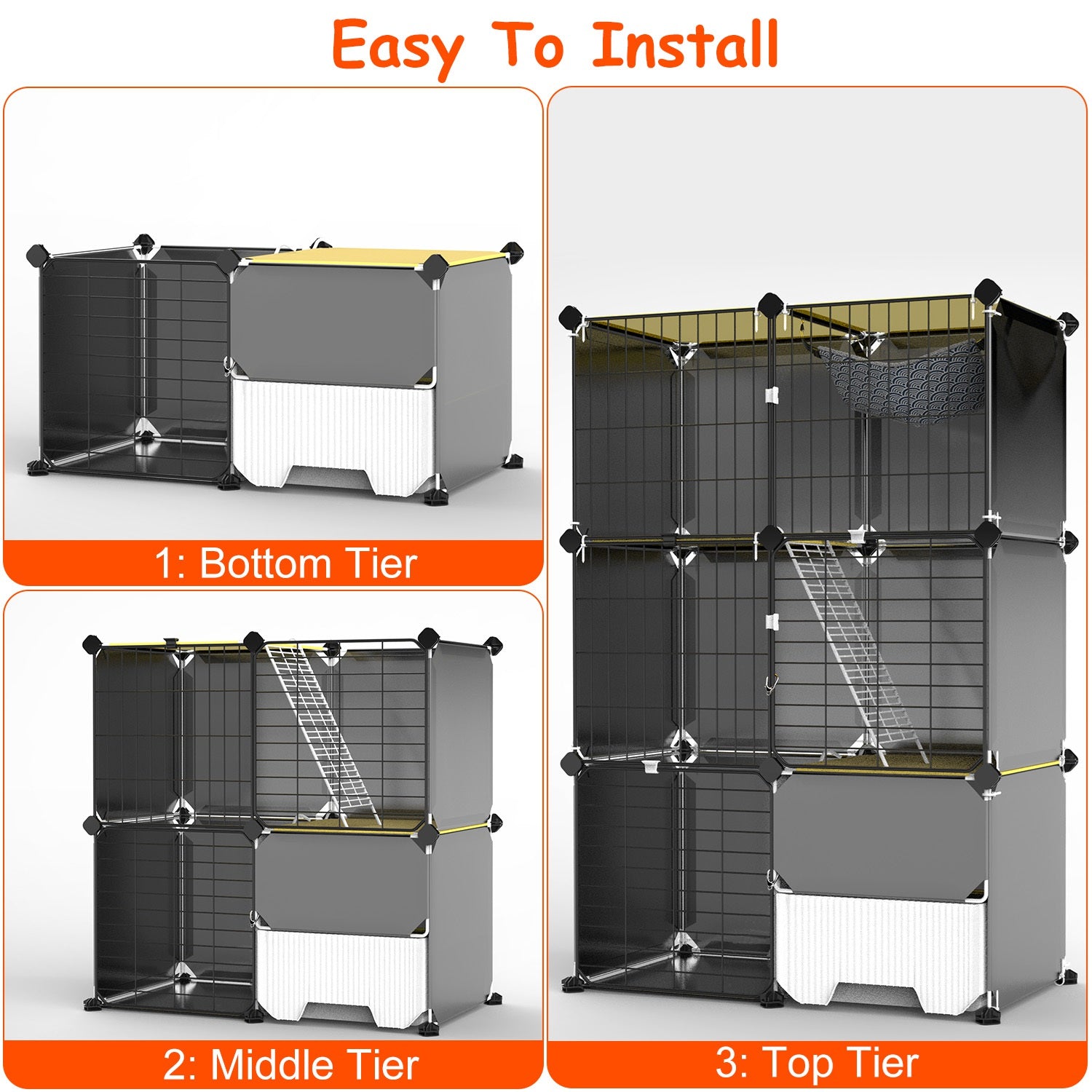 KFX-6754877 3-Tier Indoor Cat Cage with Litter Box, Hammock, and Ladder for Kittens