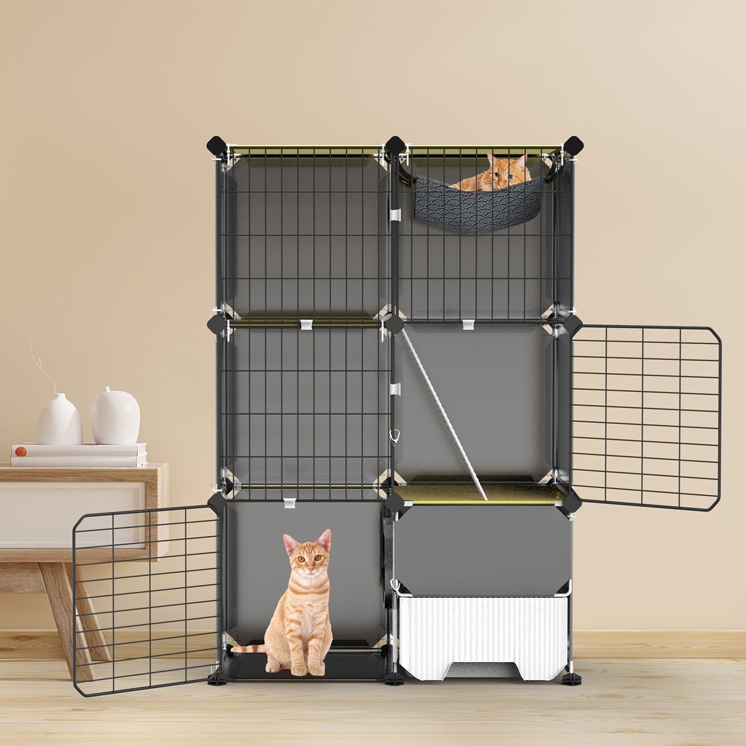 KFX-6754877 3-Tier Indoor Cat Cage with Litter Box, Hammock, and Ladder for Kittens