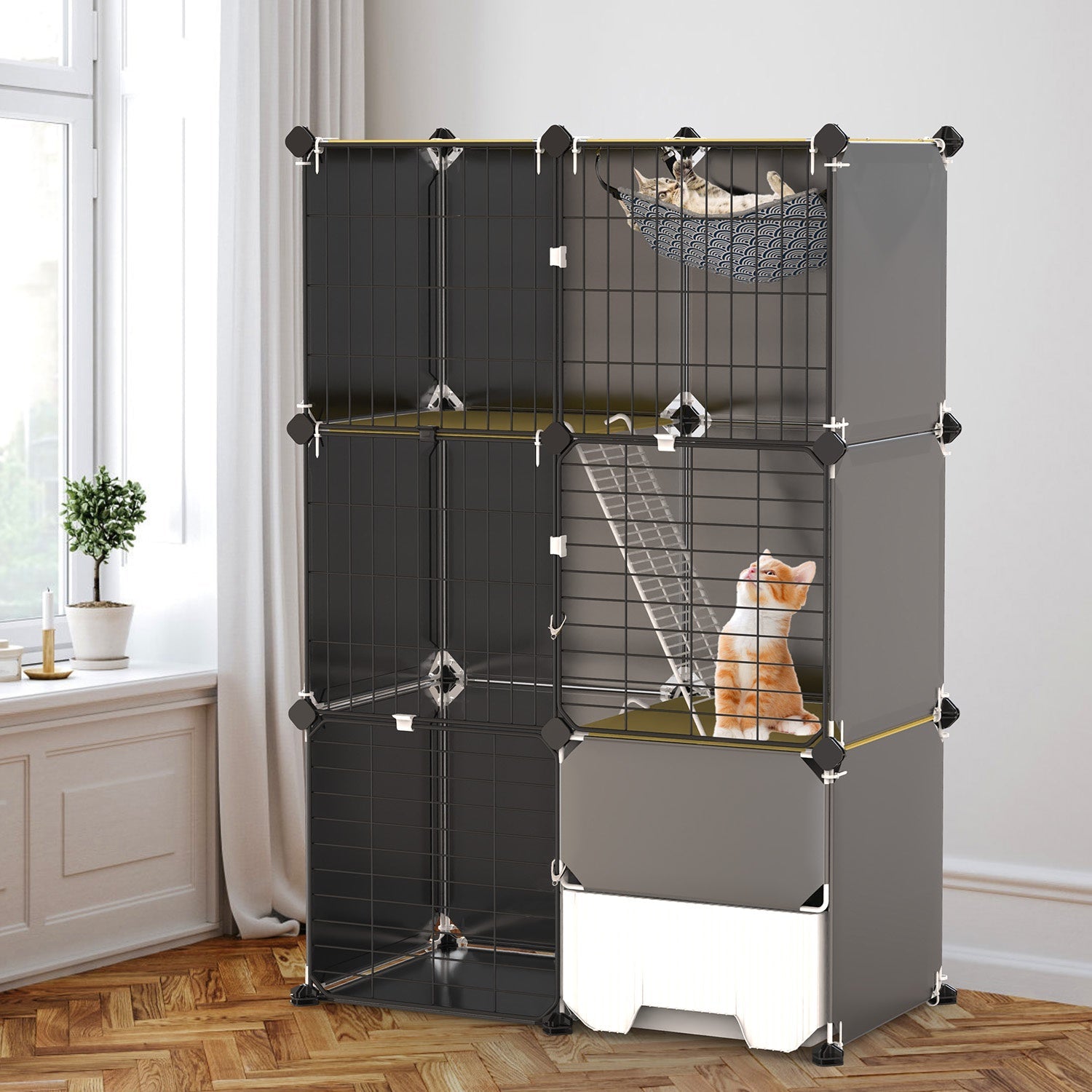 KFX-6754877 3-Tier Indoor Cat Cage with Litter Box, Hammock, and Ladder for Kittens